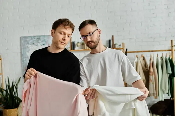 Two men, partners in design, strike a pose in their cutting-edge workshop. — Stock Photo