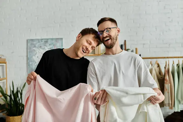 Two men, both fashion designers, standing together in a stylish workshop. — Stock Photo