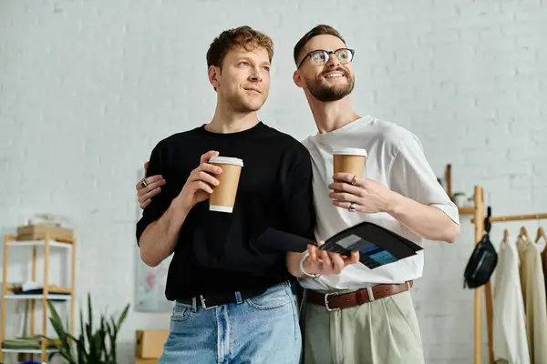 Dos hombres en un taller de diseño juntos, sosteniendo tazas de café. - foto de stock