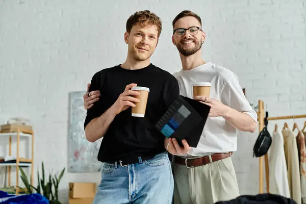 Two designers, lgbt couple, enjoy coffee break at workshop. — Stock Photo