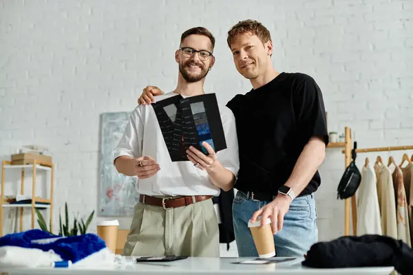 Um casal gay, designers apaixonados, estão triunfalmente ao lado um do outro em sua oficina. — Fotografia de Stock