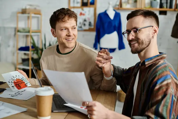 Due uomini in un laboratorio di design che lavorano insieme su un computer portatile, collaborando su abbigliamento alla moda. — Foto stock