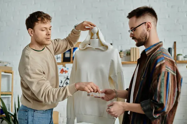 Deux hommes se tiennent à côté d'un mannequin dans un atelier de créateurs, présentant leurs créations de vêtements à la mode. — Photo de stock