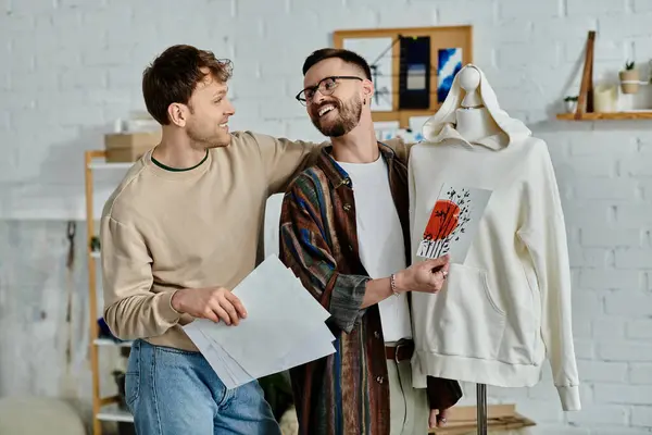 Deux hommes, un couple gay, se tiennent côte à côte dans un atelier de designers, collaborant sur des vêtements tendance. — Photo de stock