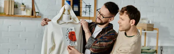 Two men, a gay couple, stand together in a designer workshop, collaborating on trendy attire creation. — Stock Photo