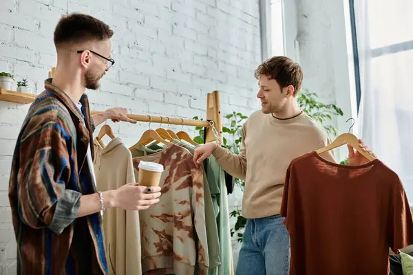 Two men, a gay couple, engaged in creating trendy attire in a designer workshop. — Stock Photo