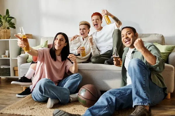 Diverse group enjoying time together atop couch. — Stock Photo