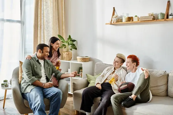 Diverse group delightfully connects atop a cozy couch. — Stock Photo