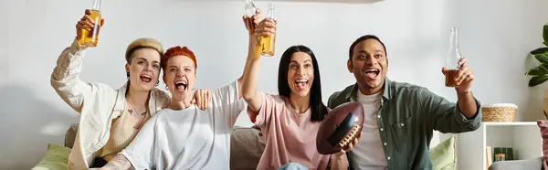 A diverse group of friends and a loving lesbian couple standing close together. — Stock Photo