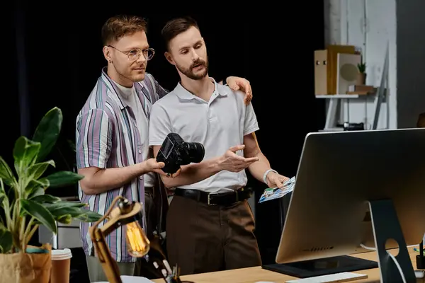 Two men in casual attire collaborating in front of a laptop. — Stock Photo