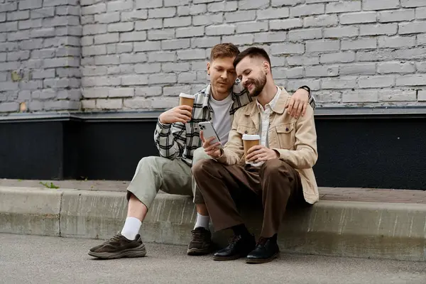 Un couple heureux d'hommes en vêtements décontractés assis ensemble à l'extérieur. — Photo de stock