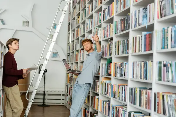 Два студента изучают книги с библиотечной лестницей. — стоковое фото
