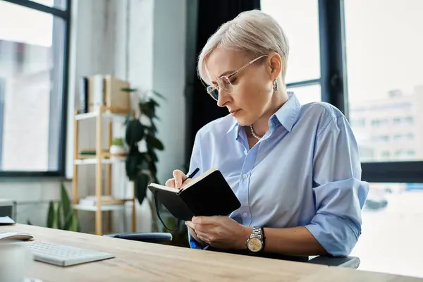 A middle-aged businesswoman with short hair engrossed in a notebook. — Stock Photo