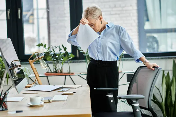 Middle-aged businesswoman with short hair, in blue shirt and black pants, standing in front of desk, feeling unwell during menopause — Stock Photo