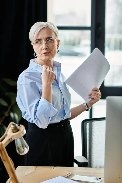 A middle-aged businesswoman with short hair holding a piece of paper while standing in front of a computer in an office setting. — Stock Photo