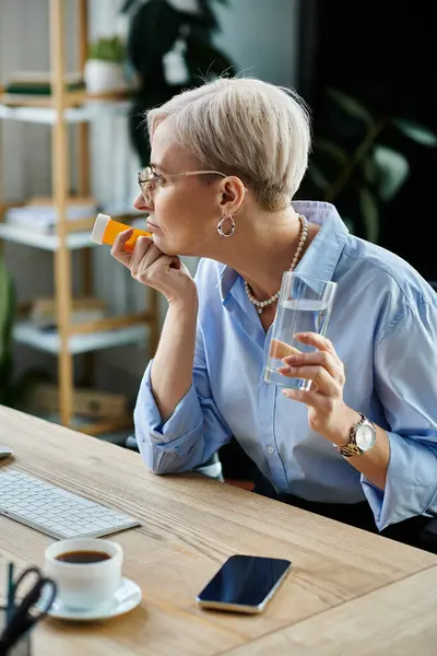 Деловая женщина средних лет с короткими волосами берет перерыв, чтобы увлажниться, сидя за столом со стаканом воды. — стоковое фото