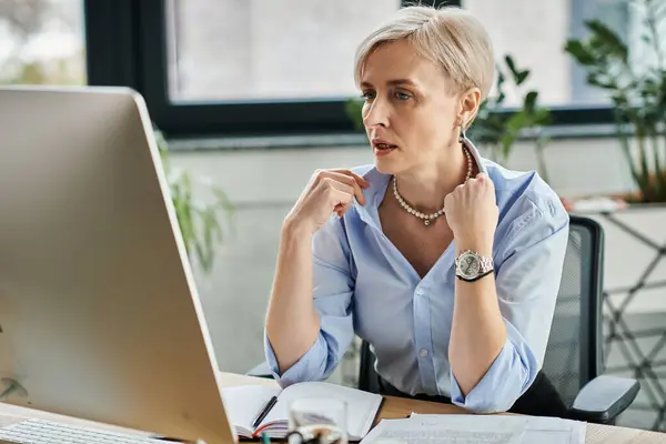 Middle-aged businesswoman with short hair diligently works on her laptop during menopause symptoms in the office. — Stock Photo