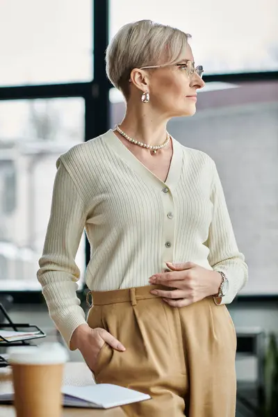 Middle aged businesswoman with short hair standing confidently in front of a window, in a modern office. — Stock Photo