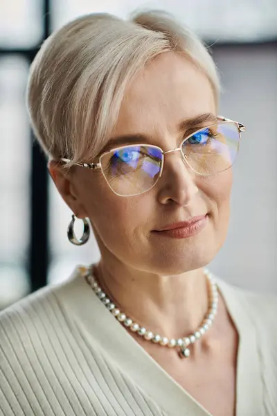 Middle-aged businesswoman with short hair wearing glasses and a pearl necklace in a modern office setting. — Stock Photo