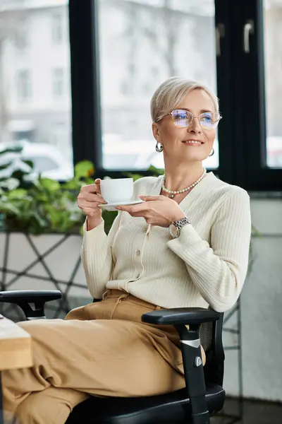 A middle-aged businesswoman with short hair sits in a chair, holding a cup of coffee, appearing thoughtful and serene. — Stock Photo
