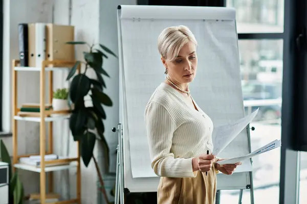 Middle-aged businesswoman with short hair stands confidently in front of whiteboard, holding paper with emphasis. — Stock Photo