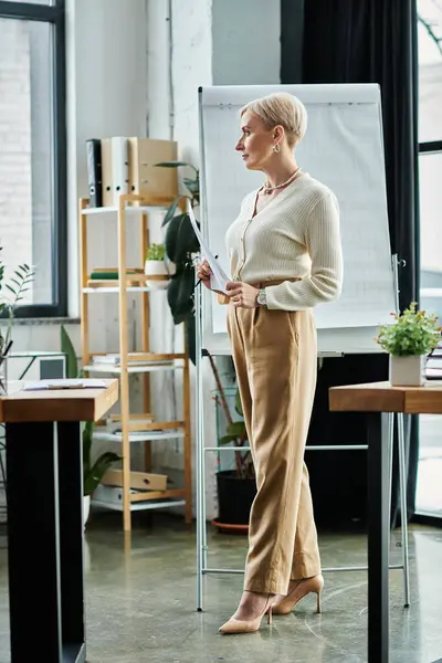 A middle-aged businesswoman with short hair stands in front of a whiteboard, brainstorming and strategizing for her work in a modern office. — Stock Photo