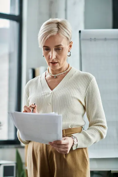 Una mujer de negocios de mediana edad se encuentra en una oficina moderna, presentando con confianza un pedazo de papel. — Stock Photo