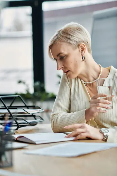 Una mujer de negocios de mediana edad con el pelo corto se sienta en una mesa, sorbiendo tranquilamente de un vaso de agua en un entorno de oficina moderno. — Stock Photo