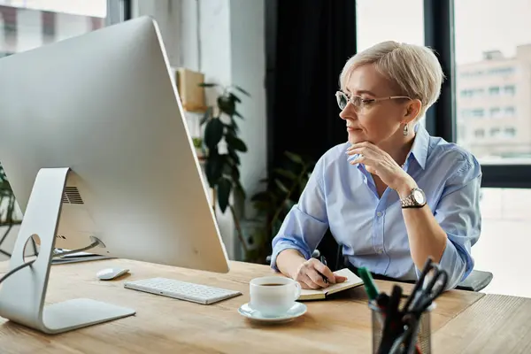 A middle-aged businesswoman with short hair focuses intently on her computer screen at her office desk. — Stock Photo