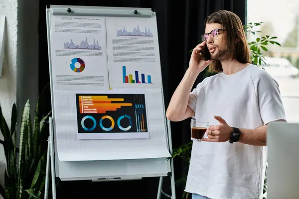 Caucasian man in suit talking on cell phone in front of large poster. — Stock Photo