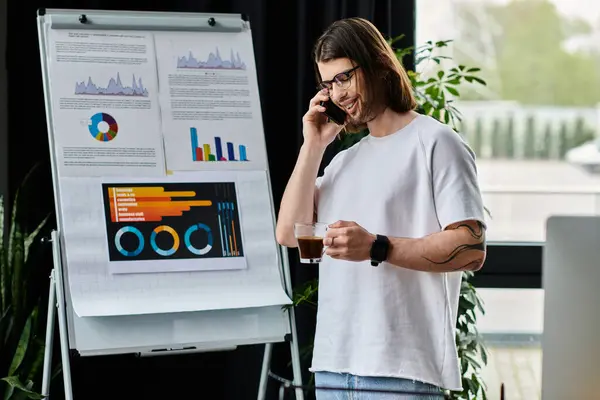 Caucasian businessman on call in front of whiteboard. — Stock Photo