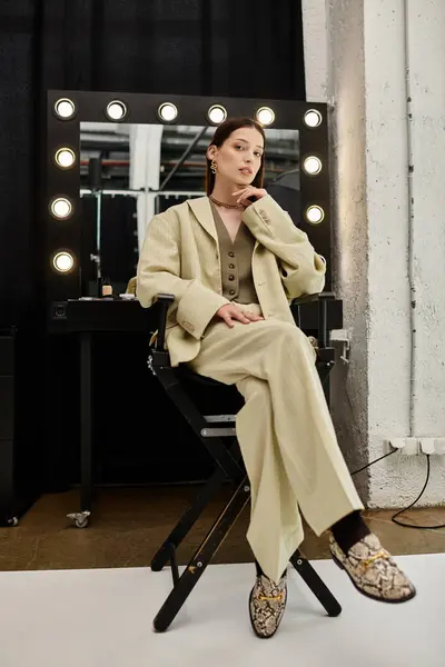 Frau saß im Stuhl vor Spiegel. — Stockfoto