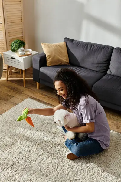 Woman peacefully kneels, tenderly holding a bichon frise in her hands. — Stock Photo