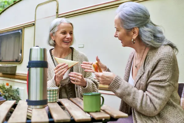 A lesbian couple enjoys a picnic outside their camper van while camping in the forest. — Stock Photo
