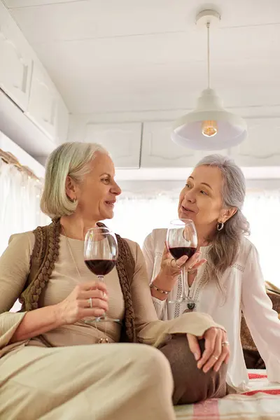 Deux femmes d'âge moyen, un couple de lesbiennes, se détendre dans un camping-car et partager un toast avec des verres de vin rouge. — Photo de stock