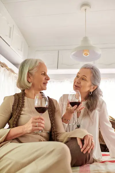 Two middle-aged women, a lesbian couple, relax in a camper van and share a toast with glasses of red wine. — Stock Photo