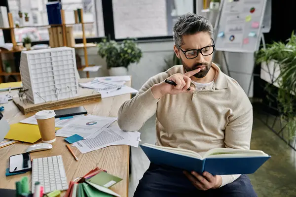 A handsome businessman with a beard sits in a modern office, thoughtfully holding a pen to his chin while reading a book. — Stock Photo