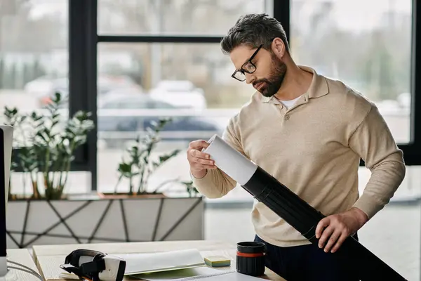 Um homem de negócios bonito e barbudo usando óculos revisa cuidadosamente os planos em um ambiente de escritório moderno. — Fotografia de Stock