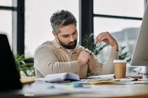 A handsome businessman with a beard sits at his desk in a modern office, thoughtfully reviewing paperwork while holding his glasses. — Stock Photo