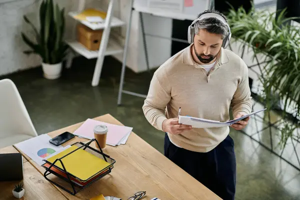 A handsome businessman with a beard, wearing headphones, stands in a modern office and reviews documents. — Stock Photo