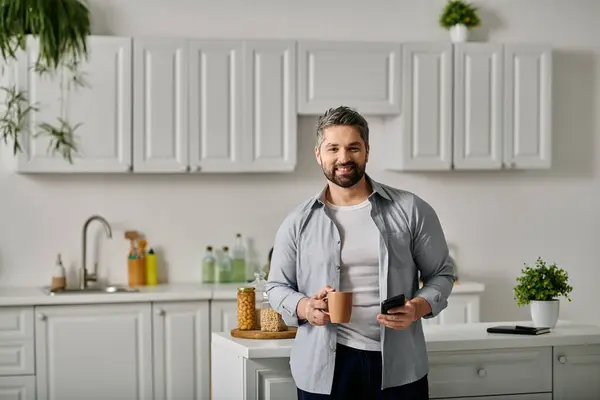 A bearded man in casual attire stands in his kitchen, holding a cup of coffee and a phone. — Stock Photo