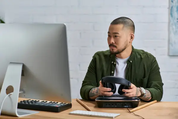 A handsome Asian man sits in a studio, playing music on a variety of instruments. — Stock Photo