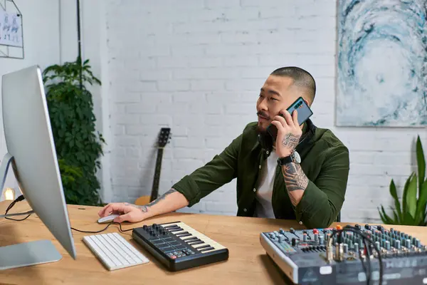 A handsome Asian man is on the phone while working in his home music studio. — Stock Photo