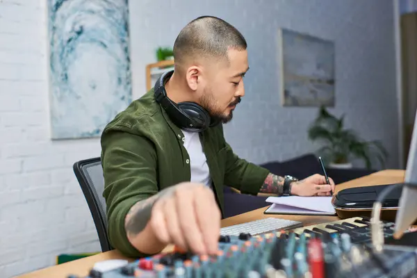 A handsome Asian man, a multi-instrumentalist, is working in his studio, surrounded by music gear. — Stock Photo