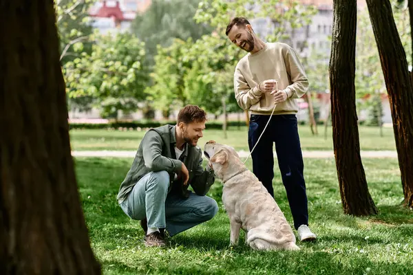 Una pareja gay barbuda disfruta de una tarde soleada en el parque con su labrador retriever. - foto de stock