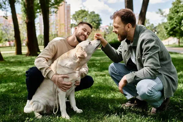 Two bearded men are spending a sunny day with their labrador retriever in a green park. — Stock Photo