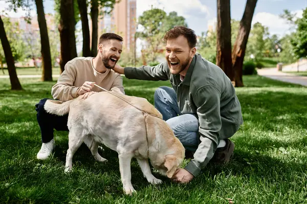 A bearded gay couple laughs while playing with their labrador retriever in a green park on a sunny day. — Stock Photo