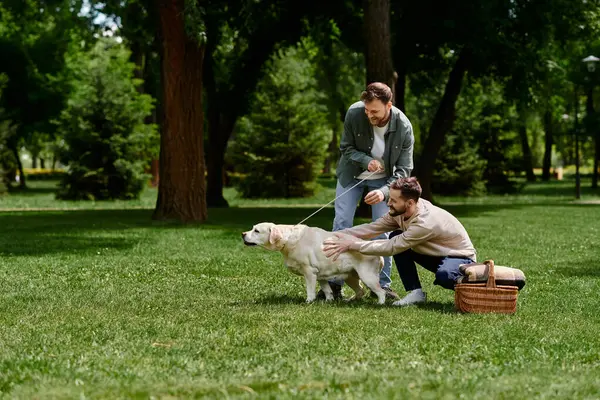 A bearded gay couple smiles as they spend time with their labrador dog in a park setting, showcasing the joy of everyday life and love. — Stock Photo