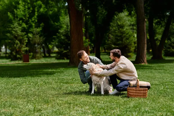 A happy gay couple plays with their labrador retriever in a grassy park, surrounded by trees. — Stock Photo