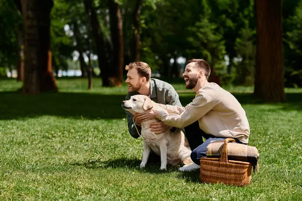 Бородата гомосексуальна пара зі своїм лабрадором насолоджується сонячним днем у зеленому парку, наповненому сміхом і прихильністю. — стокове фото